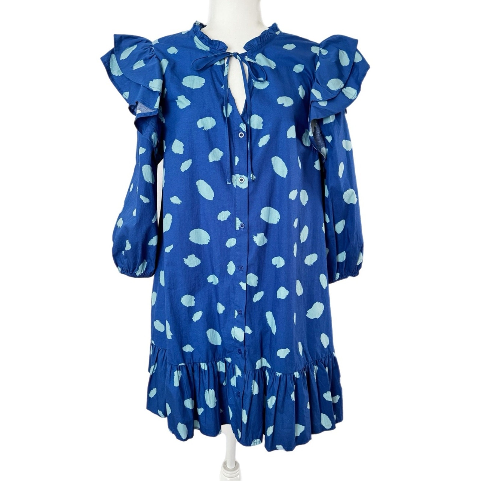 Sugar lips Blue Polka-Style Ruffle-Sleeve Tie-Neck Dress Sz M