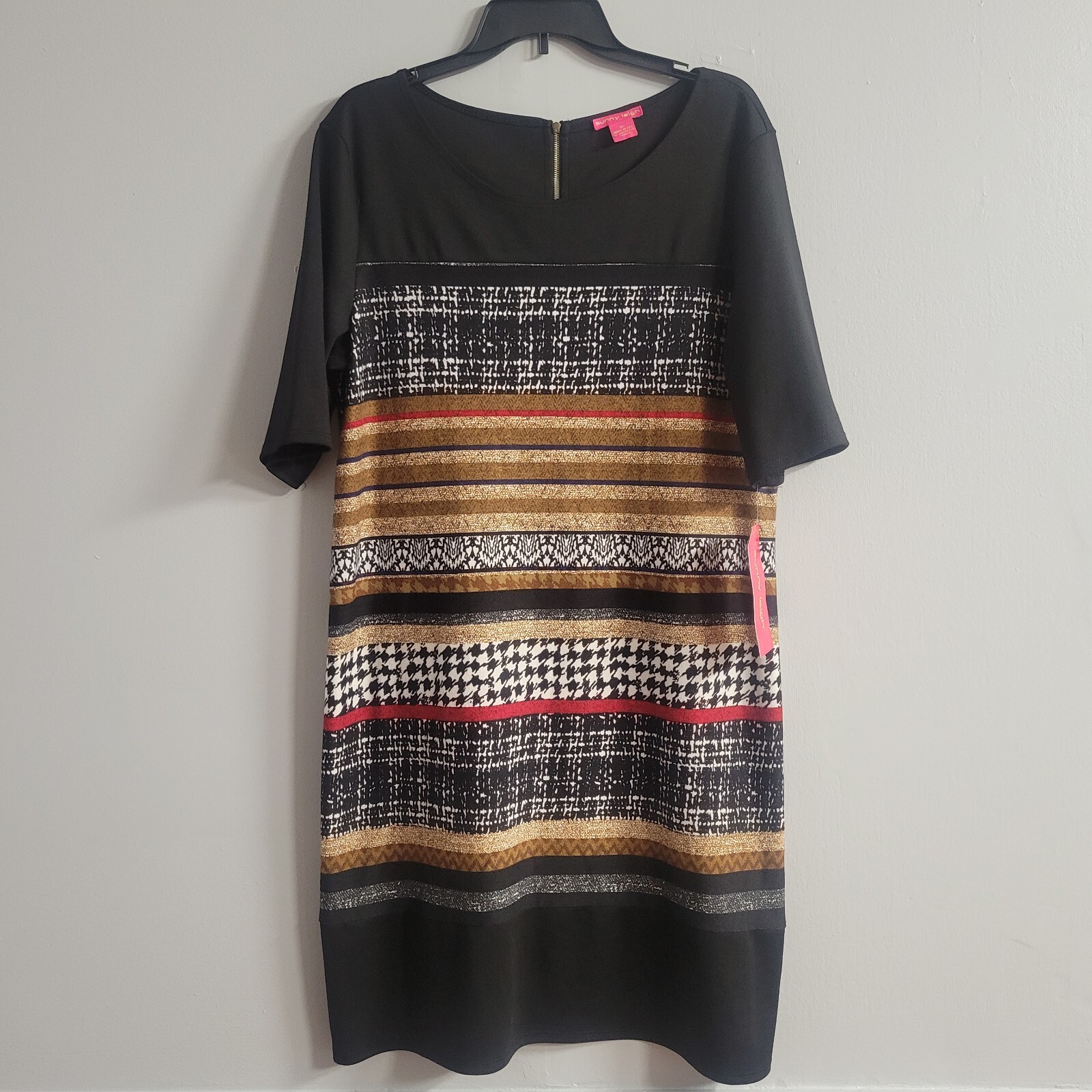 Sunny Leigh Size XL Black/Brown Quarter Sleeve Flattering Shift Work Dress USA