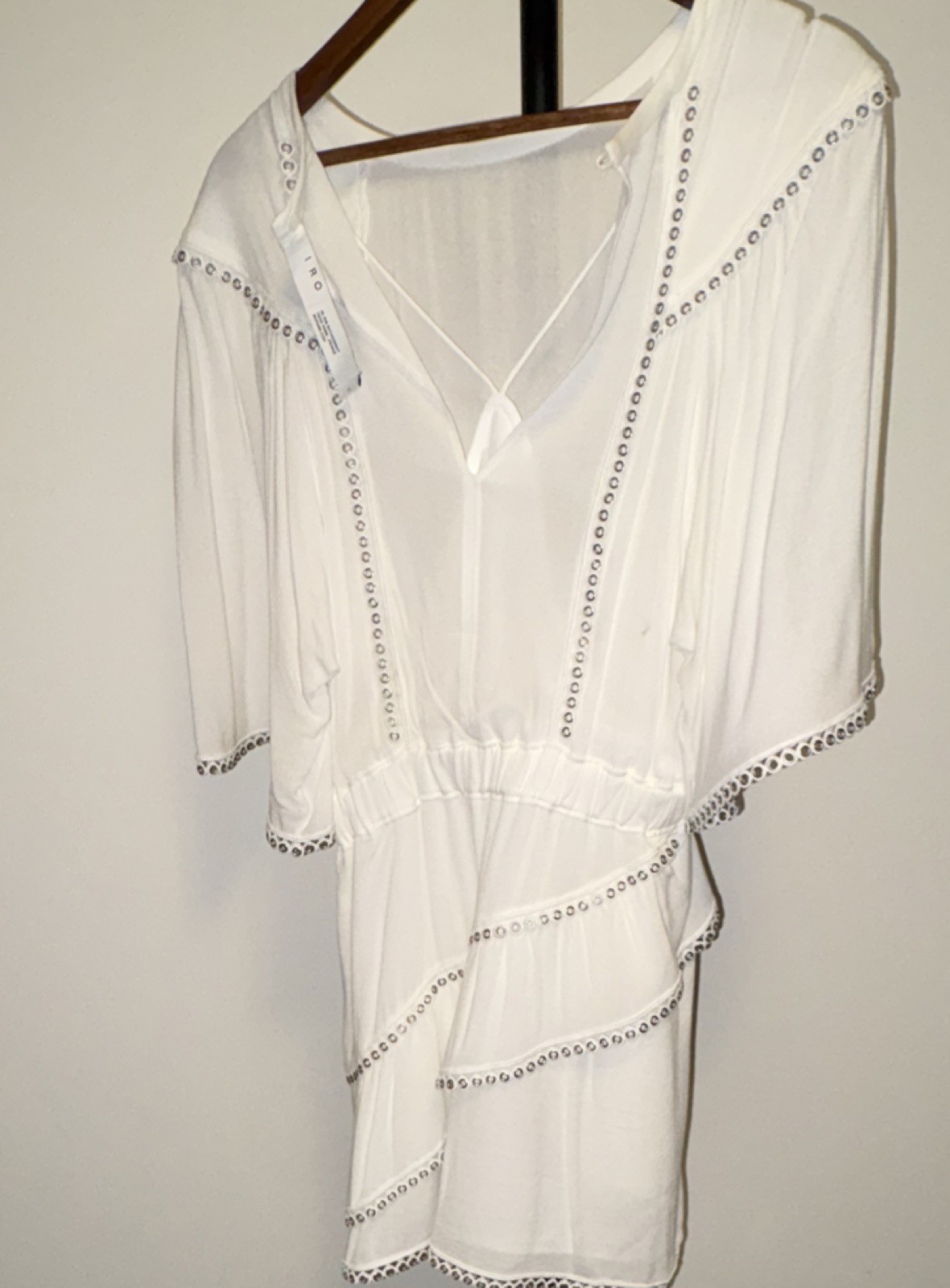 IRO Paris White V-Neck mini dress 100% Viscose eyelet trim elastic waist size 38