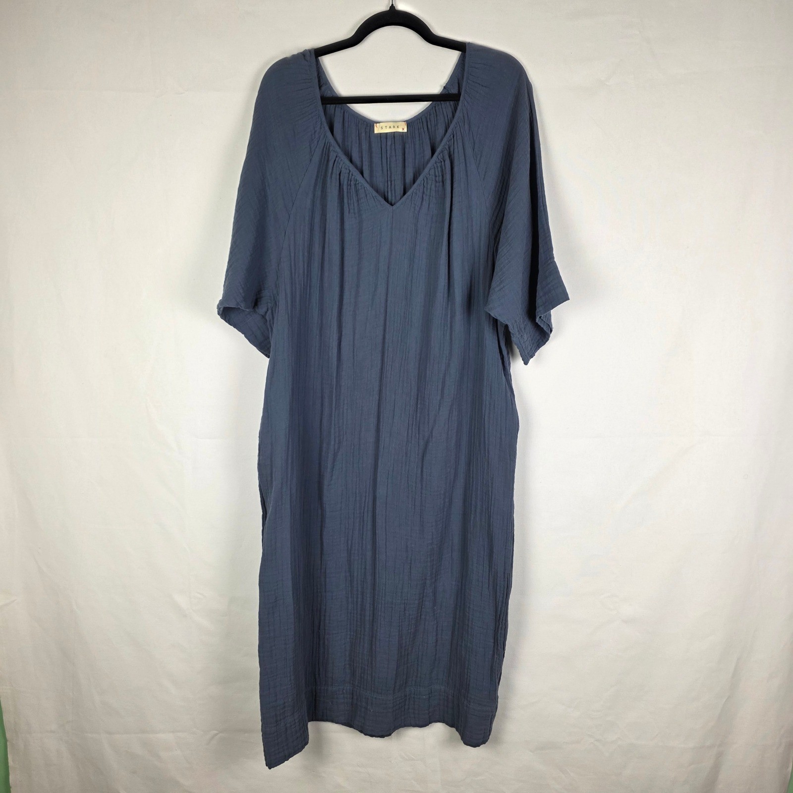 Stark X Blue Double Gauze Cotton V-Neck Midi Dress Pockets Style 2135X Small