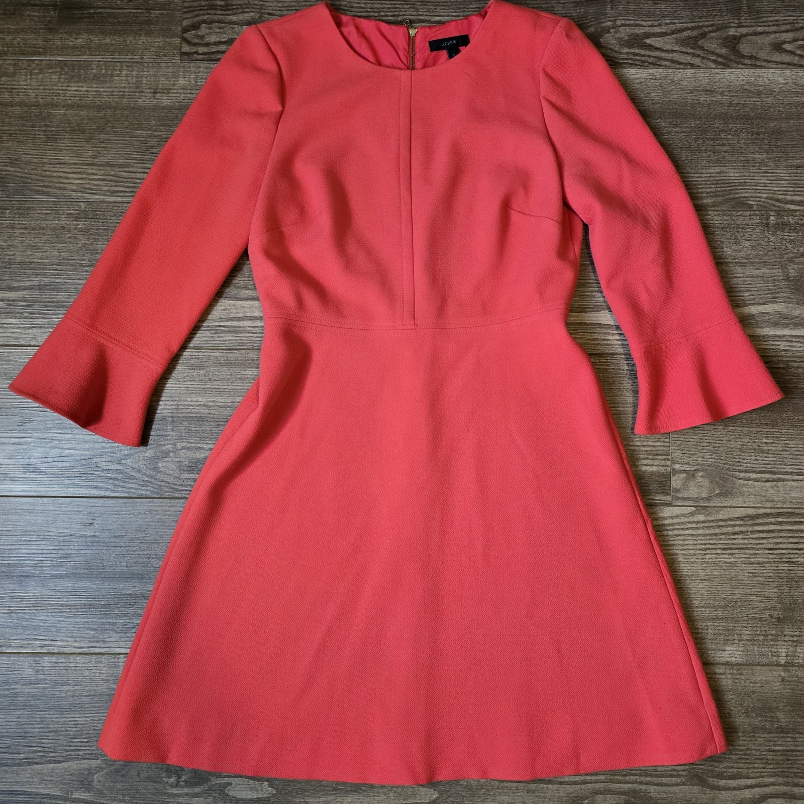 J.Crew Dress Womens 6 Coral Crepe Bell Sleeve Shift Midi Guest Cocktail Career