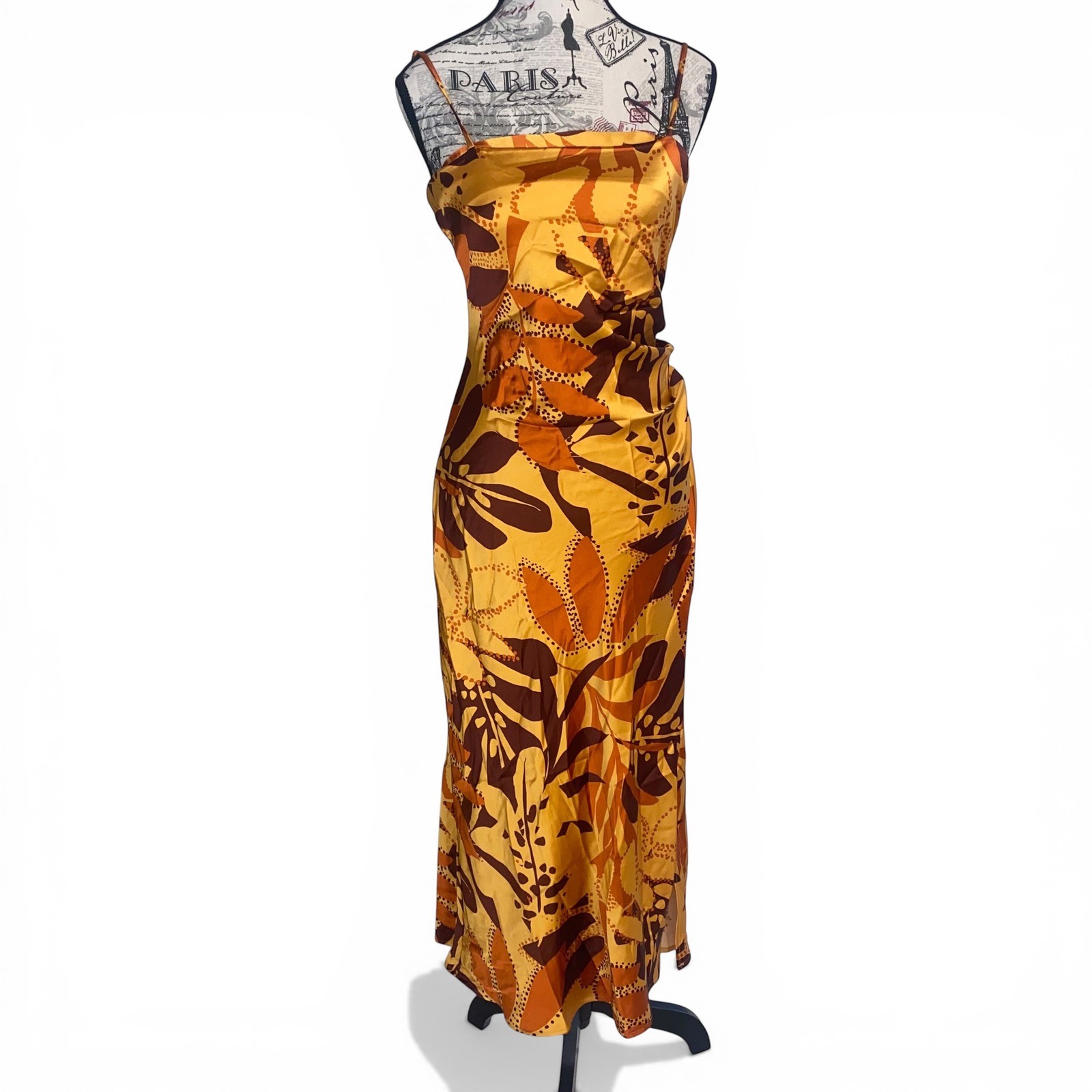 House of Harlow 1960 Midi Dress Womens L Yellow Orange Tropical Satin Slip Boho