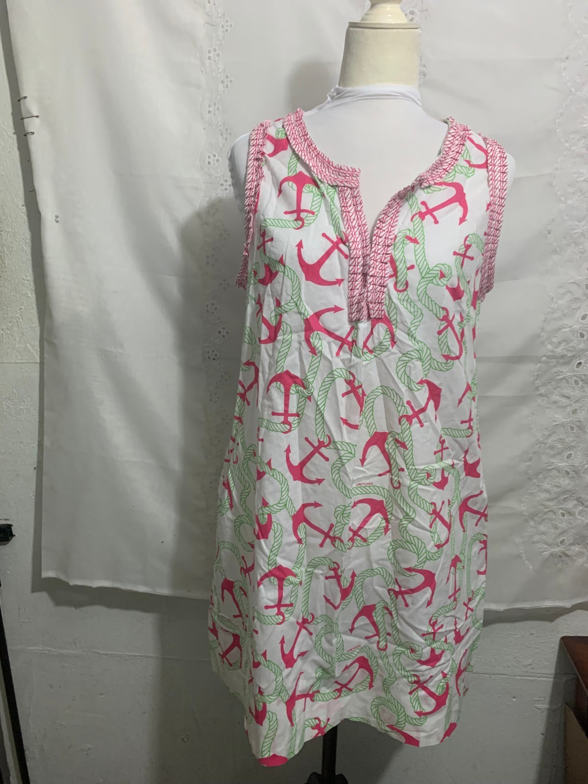 Gretchen Scott Red Green White Anchor Rope Print Sleeveless Dress Size L EUC