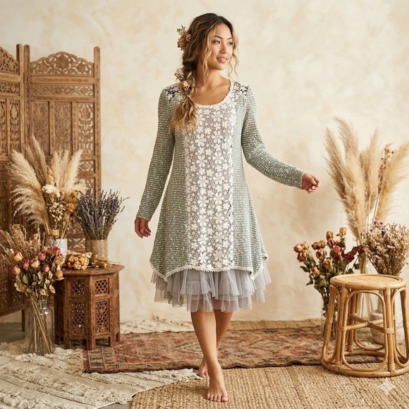 Ryu Sage Green Lace Tulle Hem Tunic Dress Long Sleeve Floral Mixed Media Small