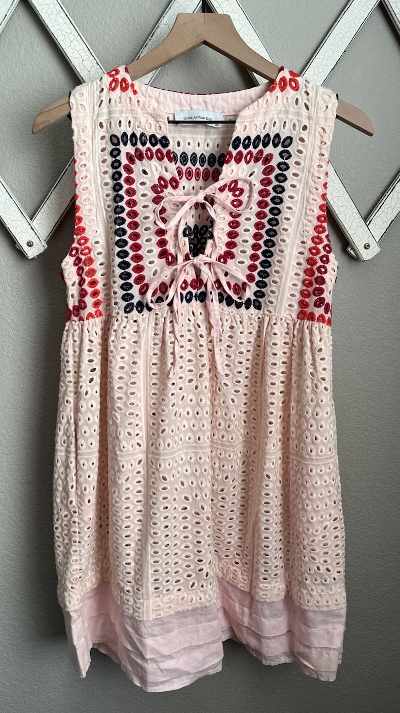Greek Archaic Kori Women’s XS Sleeveless Eyelet Mini Dress Cotton/Linen Blend