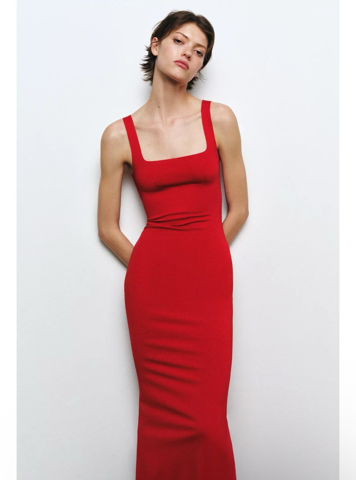 ZARA POLYAMIDE BLEND MIDI DRESS SZ L RED 1355/005/600