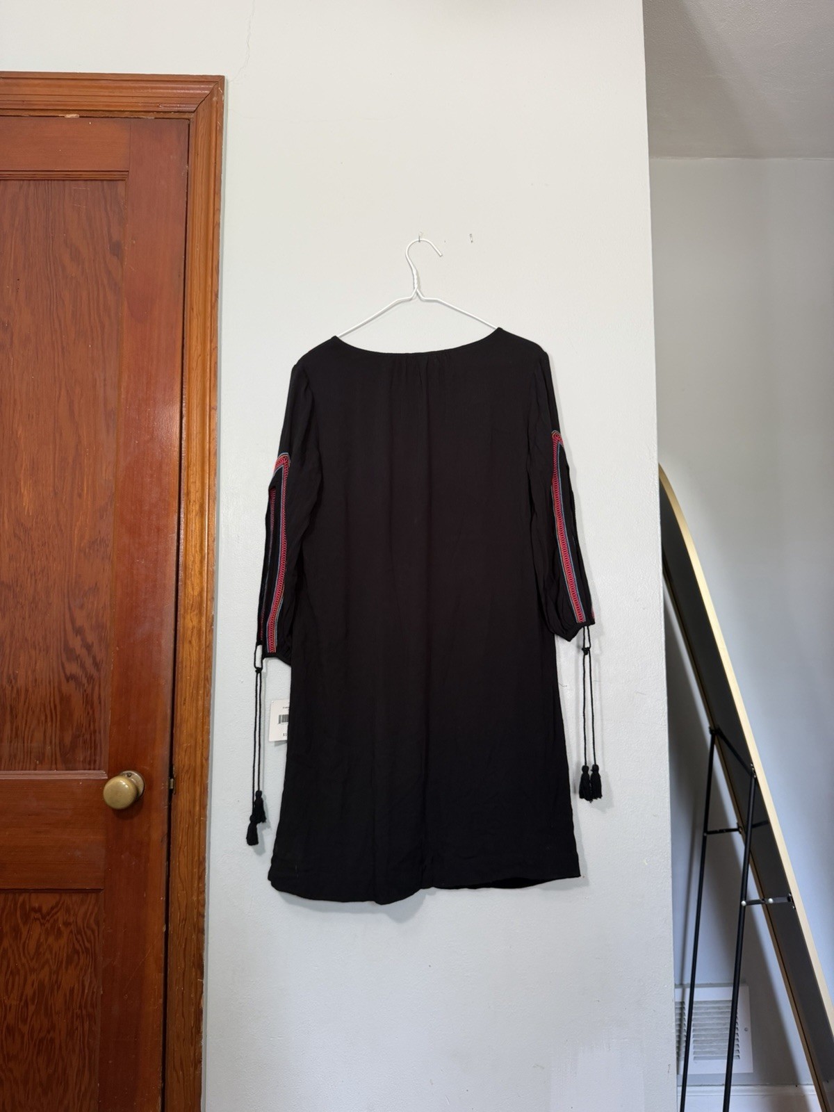 Falls Creek Black Geometric Boho V-Neck 3/4 Sleeve Embroidered Mini Dress S