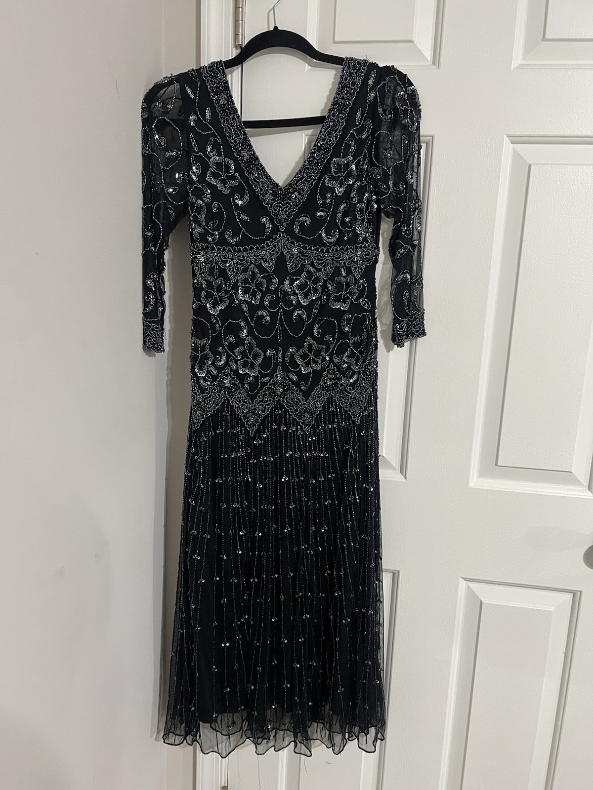 Pisarro Nights Black V-NeckBeaded Long Sleeve Evening Dress