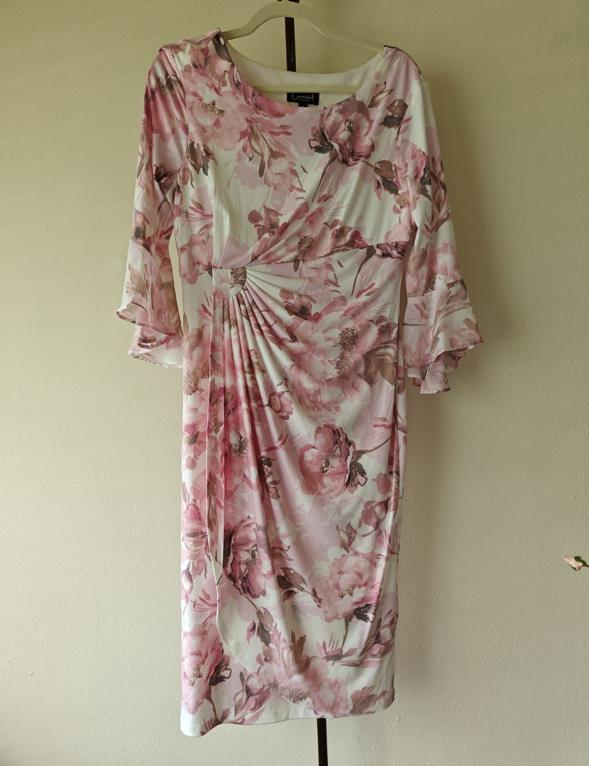 Connected Apparel Pink Floral Sheath Dress 3/4 Bell Sleeve Ruched Size 10
