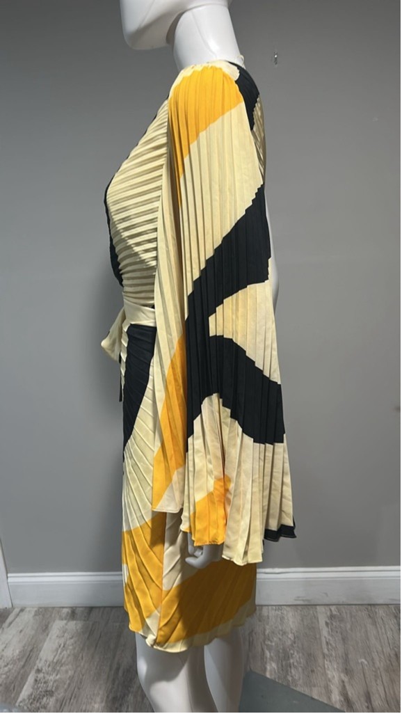 Milly One Shoulder Linden Zebra Pleated Mini Dress Size 8 Beige Yellow Black