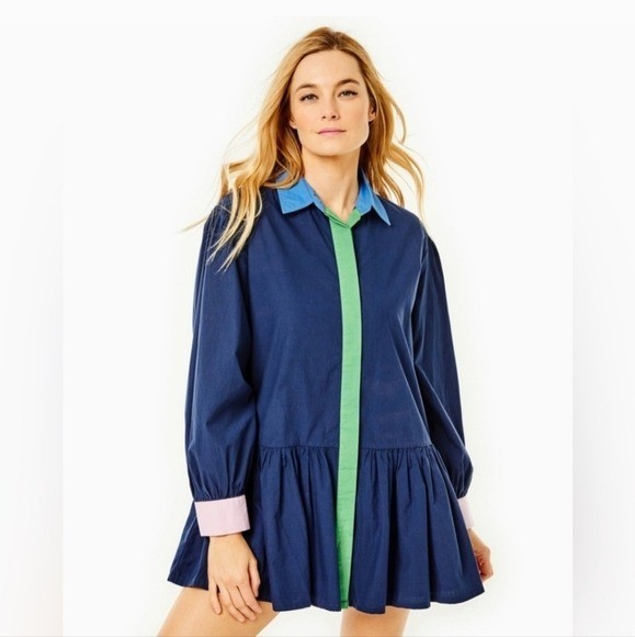 Addison BAY LANE Shirt DRESS MINI NEW$178 Dropwaist Blue Pink Green Preppy Large