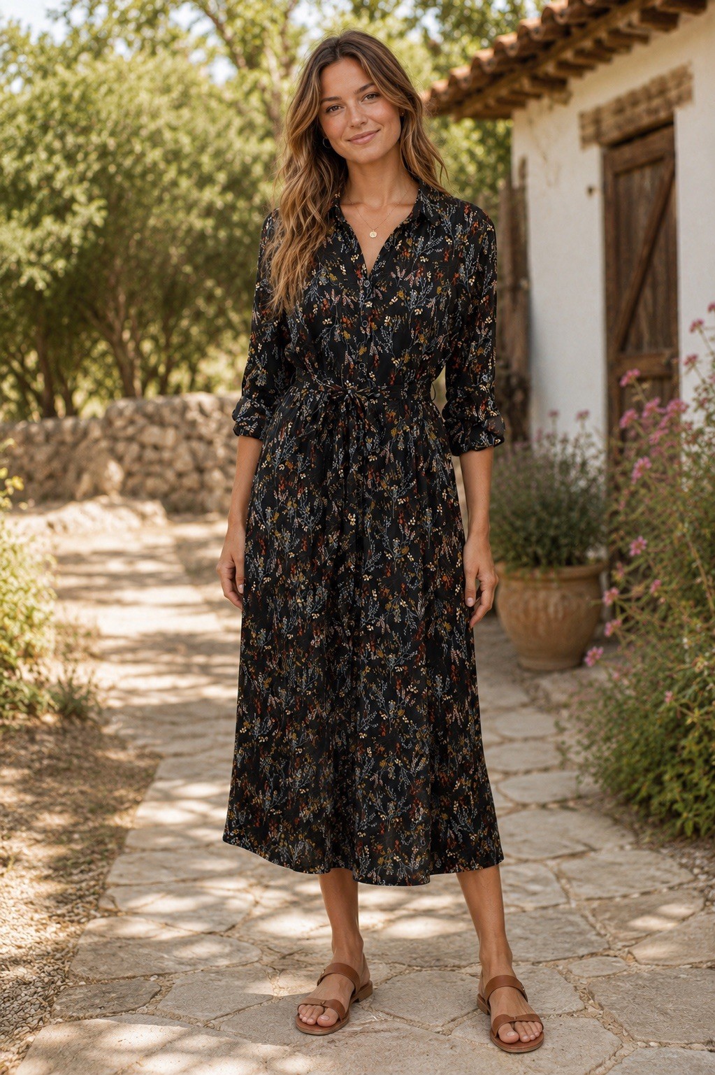 DR2 Womens Small Black Floral Shirt Dress Tie Waist Button Front Boho Midi QQ27