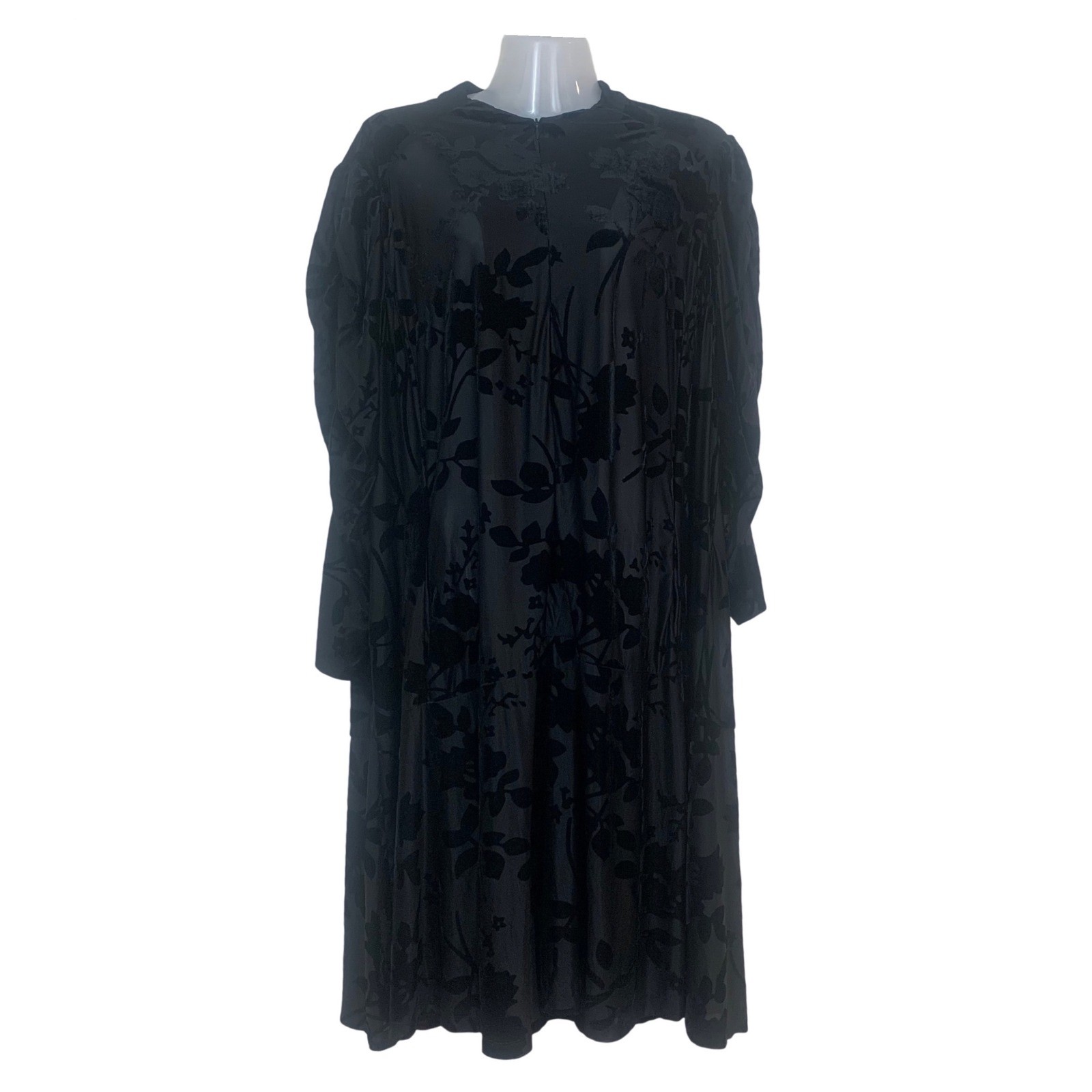 Zapelle Women’s L/XL Black Sheer Burnout Velvet Floral Midi Dress Ruched Sleeves