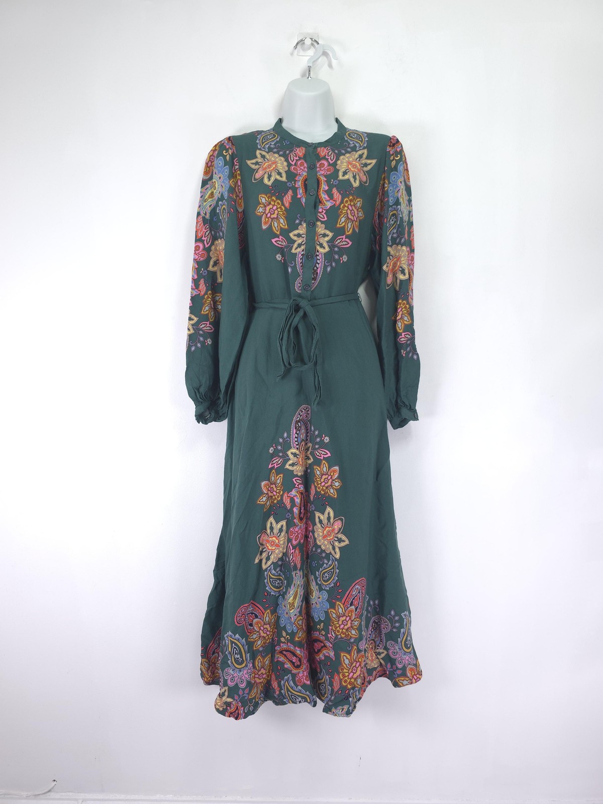 Boden Dress Size 14 Green Paisley Floral Midi Belted Long Blouson Sleeves Boho