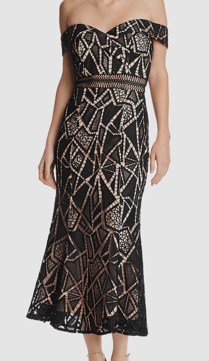 $250 Jarlo Women’s Black Beige Floral Lace Off-The-Shoulder Midi Dress Size US 4