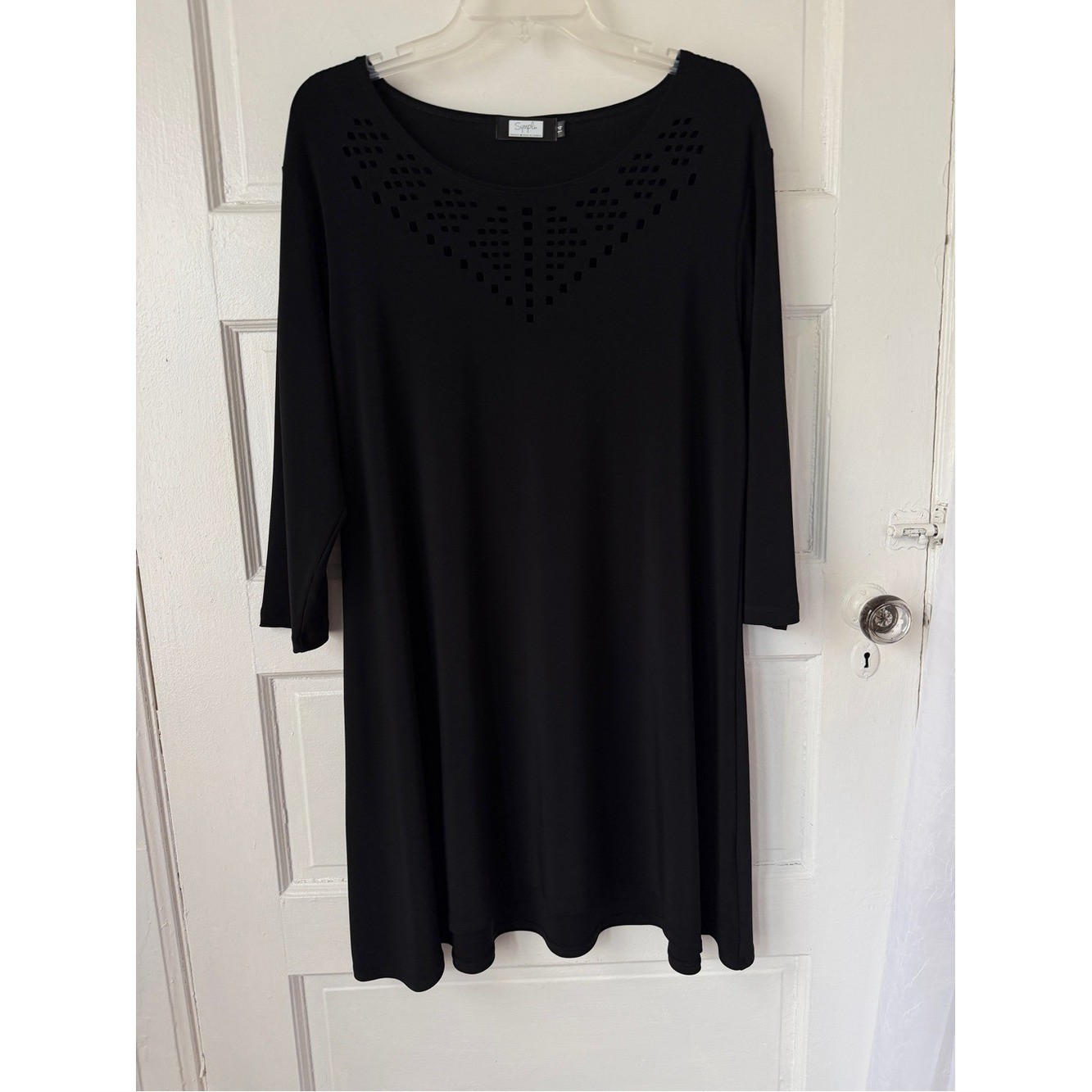 Sympli Black Swing Dress Laser Cut Neckline Classic Minimalist Lagenlook 14
