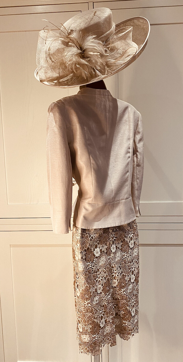 Jacques Vert Oyster Lace Overlay Dress UK 10 & Shantung Edge To Edge Jacket 12