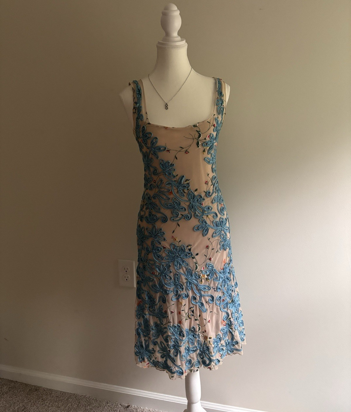 Hunza Beige Blue Floral Embroidered Mesh Sheath Dress Square Neck Size S
