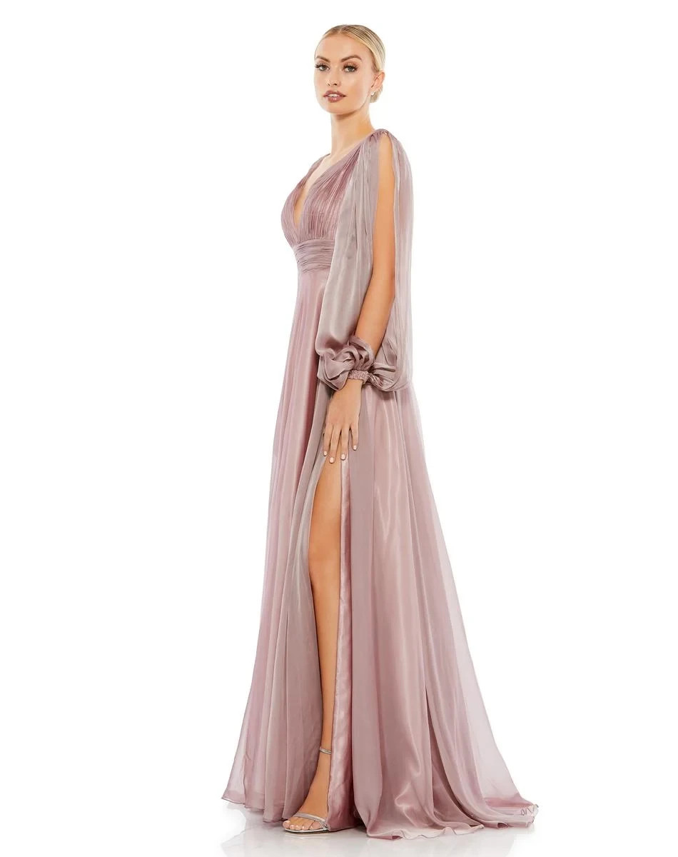 Mac Duggal Mocha Mauve A-Line Split Beaded Sleeve Chiffon Gown Size 12 $598