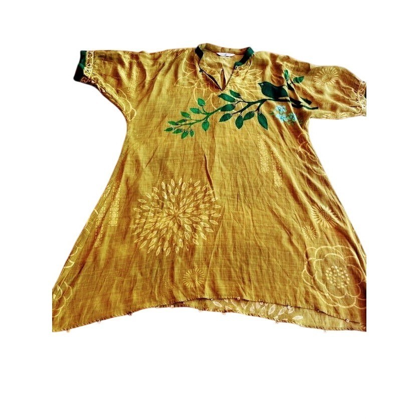 Basil Leaf Yellow Cotton Tunic Mini Dress Bird Floral Embroidery Boho Botanical