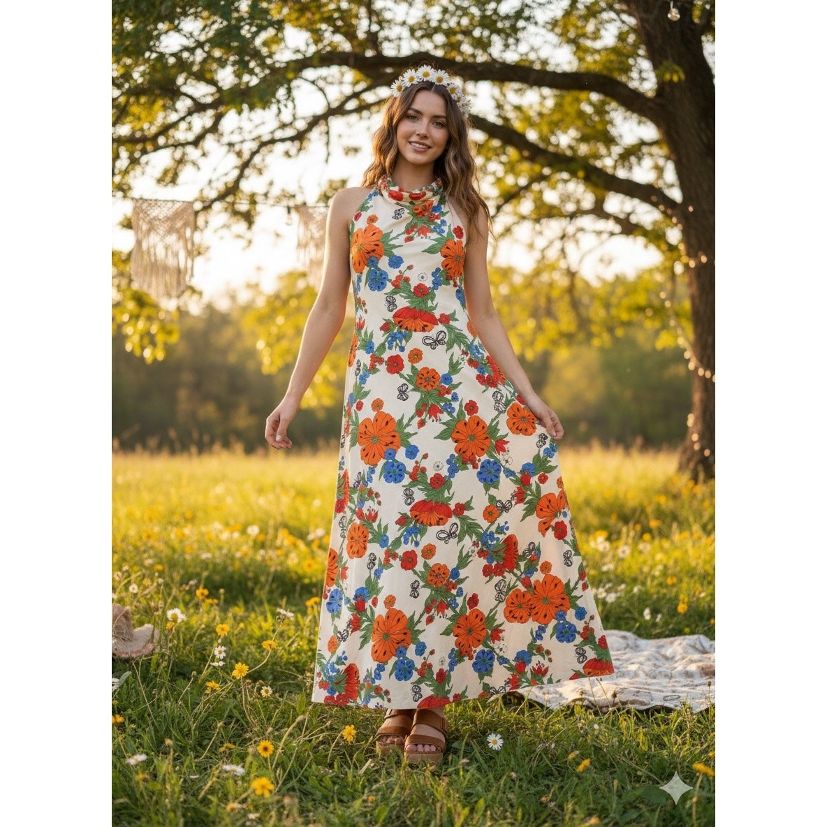 Vintage Groovy Corky Craig California Maxi Dress 70s High Neck Flower Power