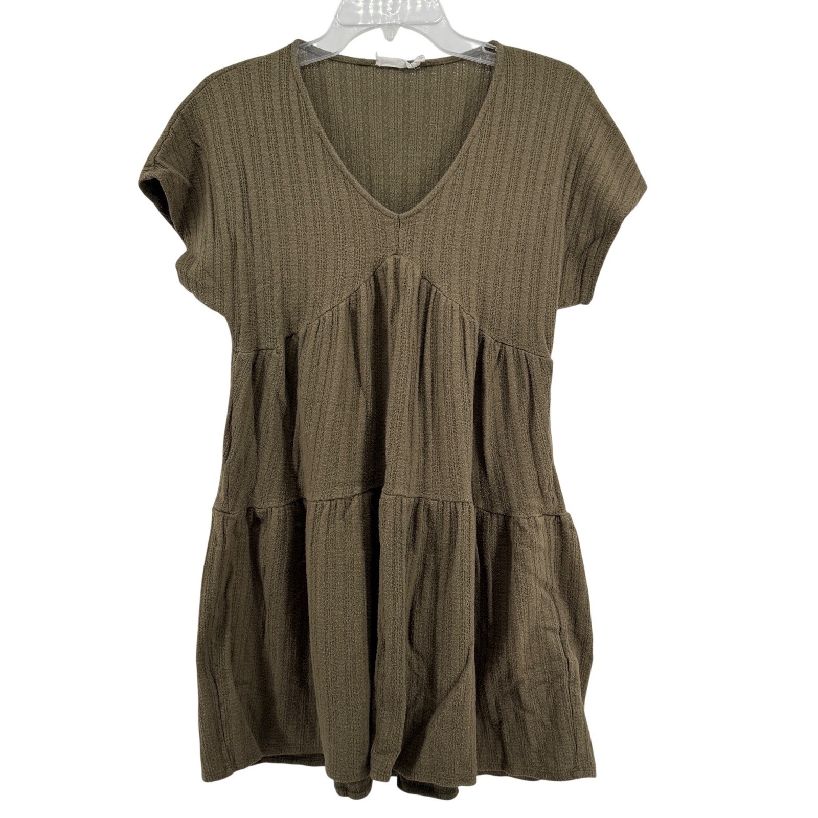 Lush Womens Olive Green Ribbed Cozy Dress Babydoll Medium Spring Earthy Flowy