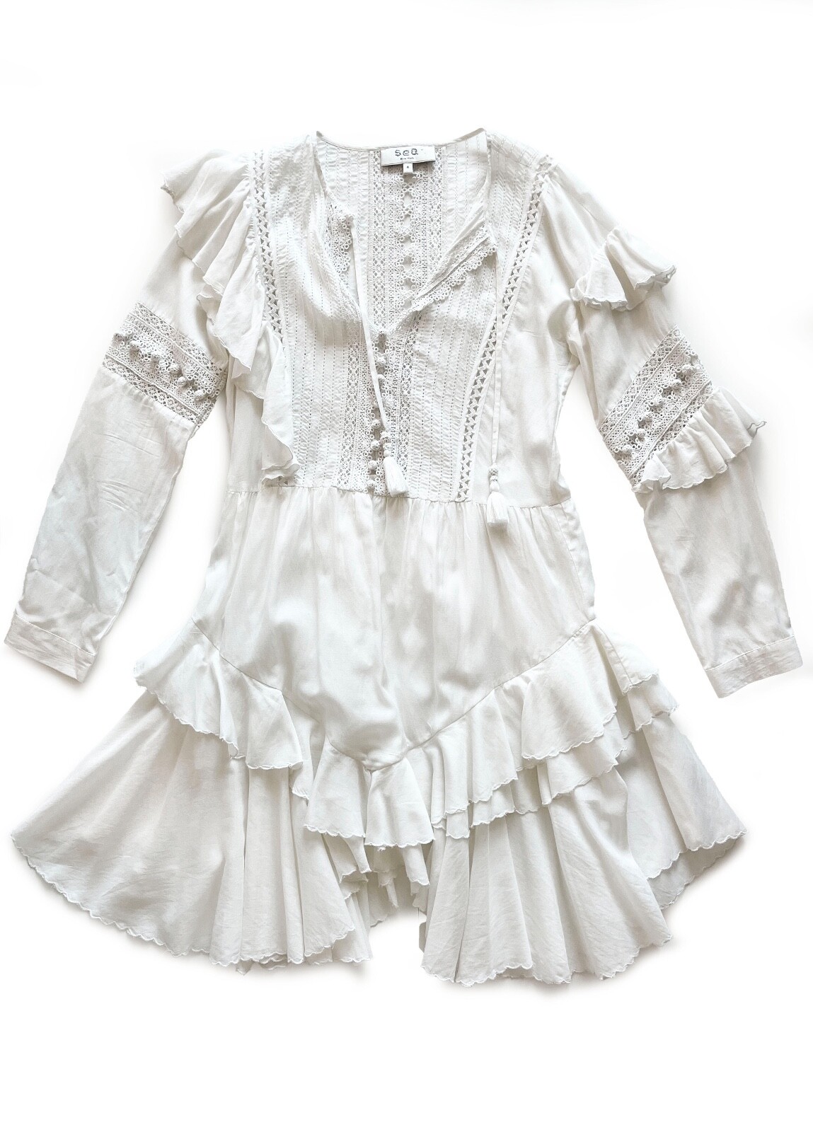 Sea New York Tie Neck Mini Dress White Size 4 Ruffle, Pom-Pom & Tassel Accents
