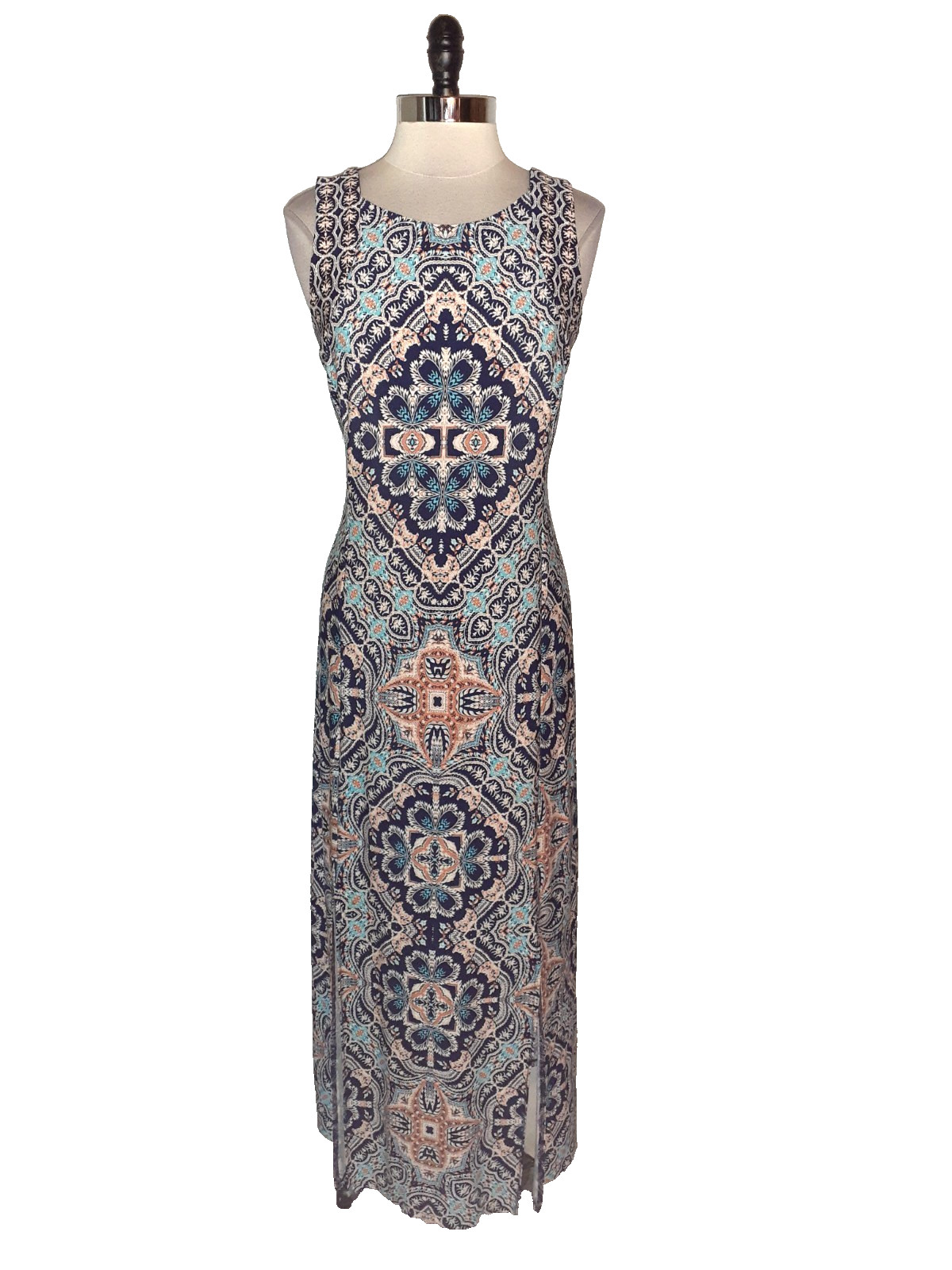CHICO’S Sz 1 8 10 M Maxi Dress Blue Beige Orange Floral Sleeveless Stretch Knit