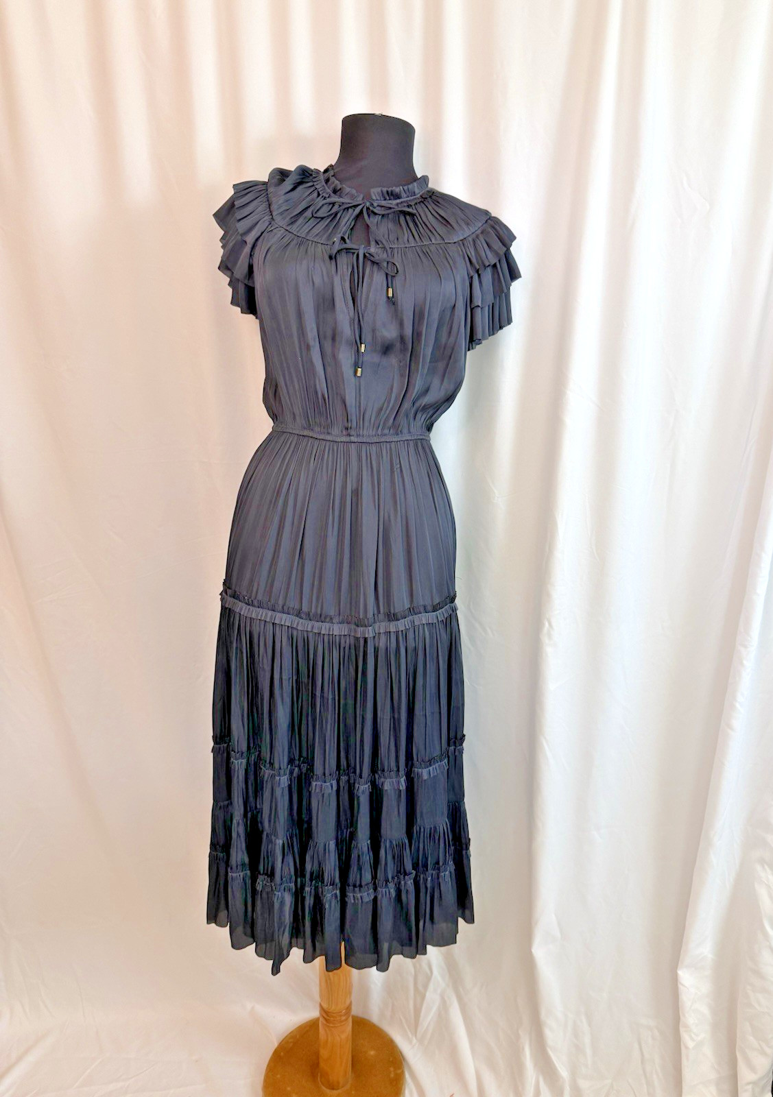 Pookie & Sebastian Steel Blue Tiered Midi Dress – size Small