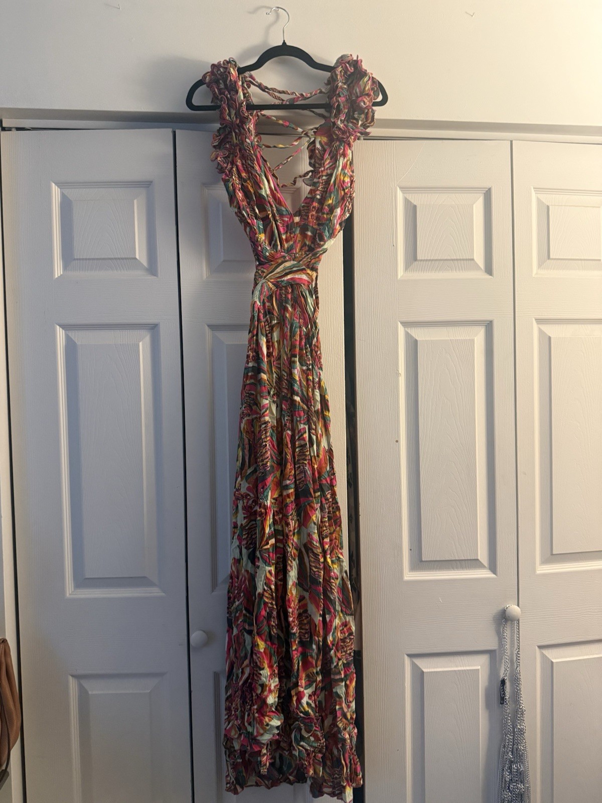 Women’s Multicolor Floral V-Neck Backless Maxi Dress Ruffle Straps One Size