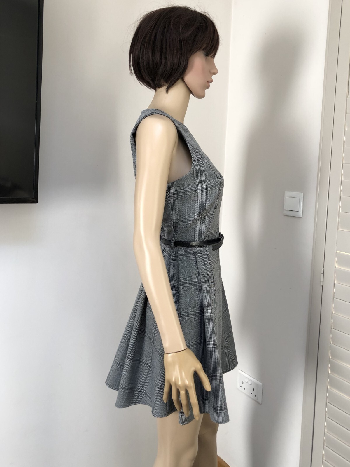 LOVE LABEL Light Grey Tartan Sleeveless Belted Skater City Dress S/M 6-8