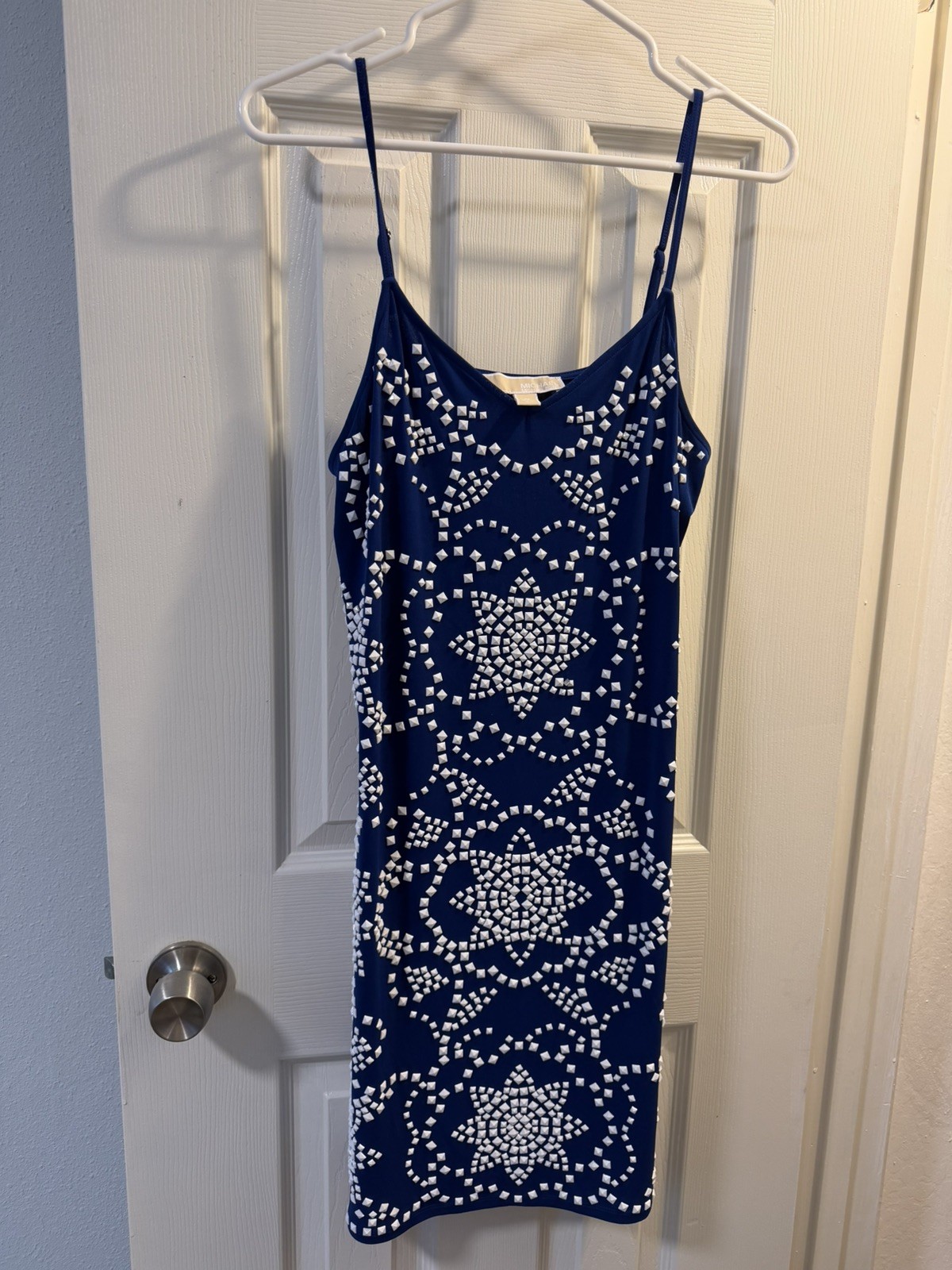 Michael Kors Stylish Blue Beach Mini Dress W White Beads Suspenders Used M