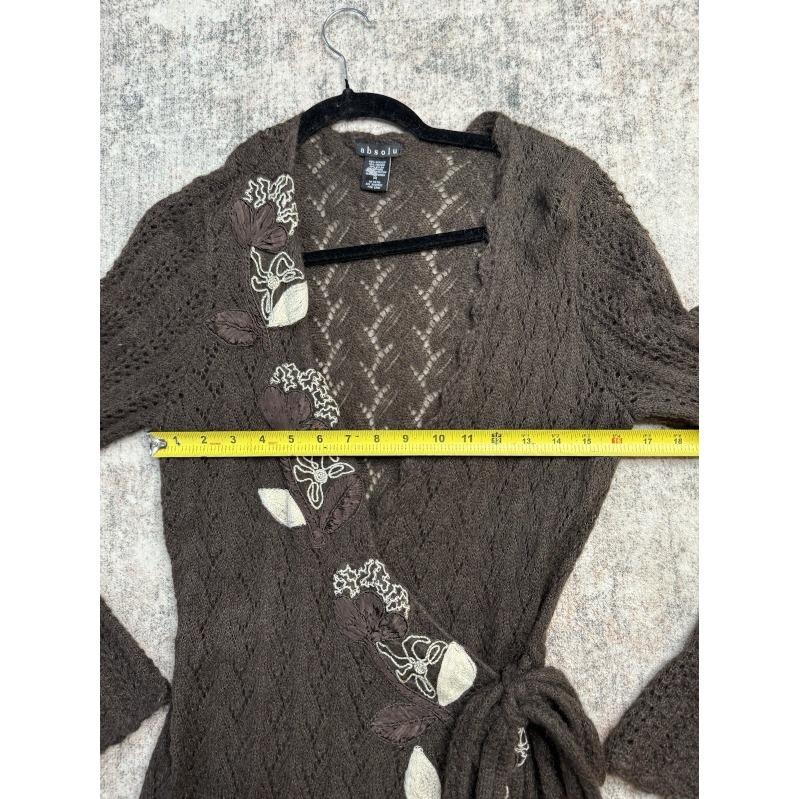 Wrap Longline Cardigan M Wrap Dress Mohair Brown Embroidered Open Knit Boho