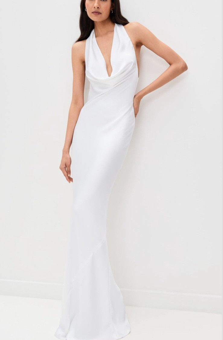 Norma Kamali Halter Drape Bias Gown Size XS White Satin Fishtail Hem Bridal Gala