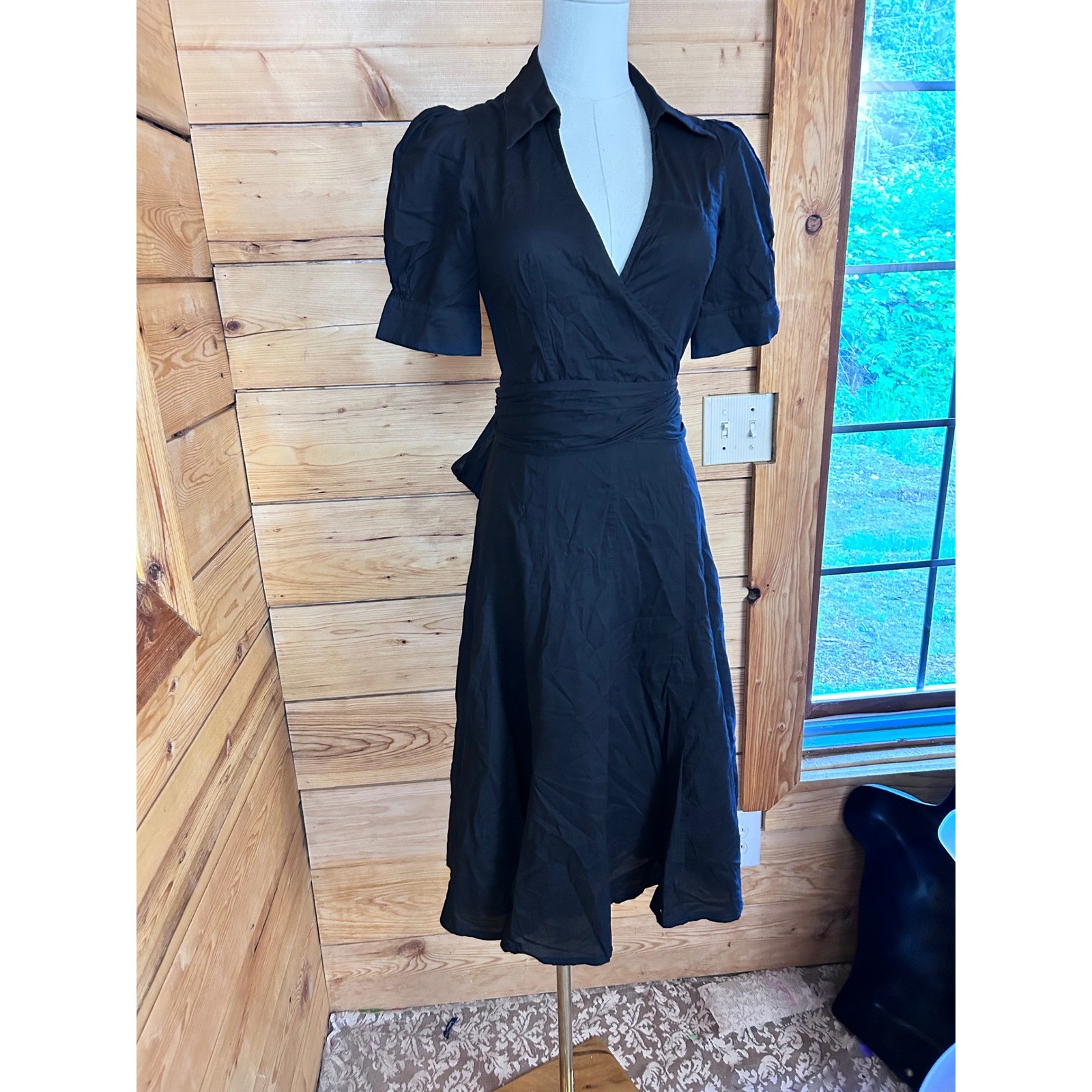 Vintage Wrap Midi Dress Womens Small Black Cotton Puff Sleeve Feline Cotage Trad