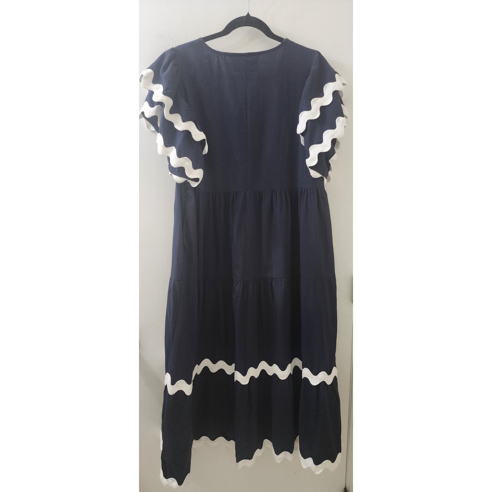White Closet Elements Navy Blue Ric Rac Tiered Cotton Midi Dress XL