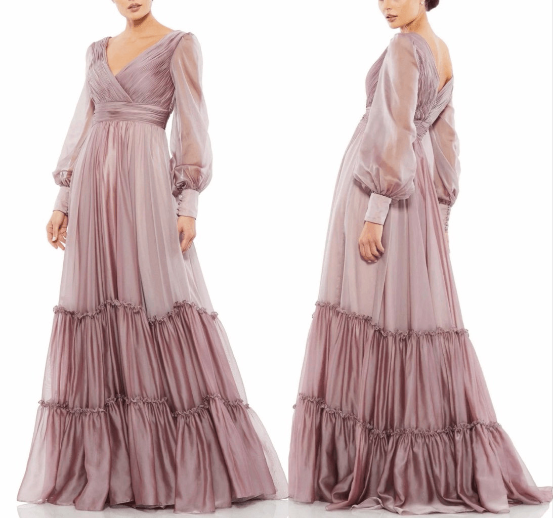 Mac Duggal Maxi Dress Faux Wrap long Sleeve Tiered Gown Mocha Pink size 18