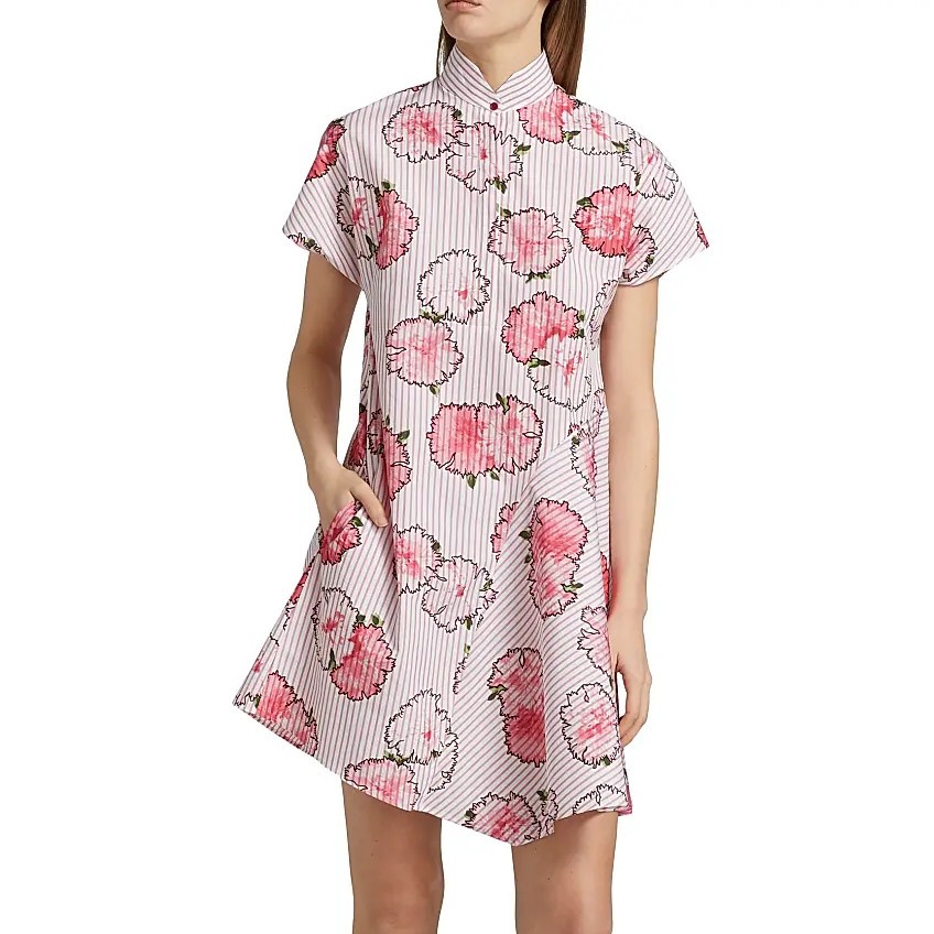Akris Punto Carnation Print Short Swing Dress Cream Pale Pink Floral Stripe 12