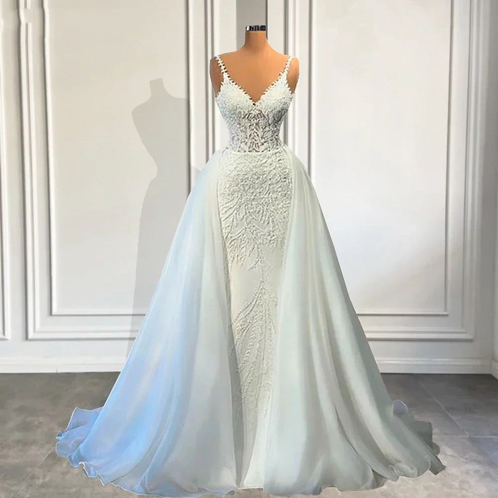 Sleeveless V-neck Mermaid Lace Wedding Dress Satin Detachable Train Bride Gown