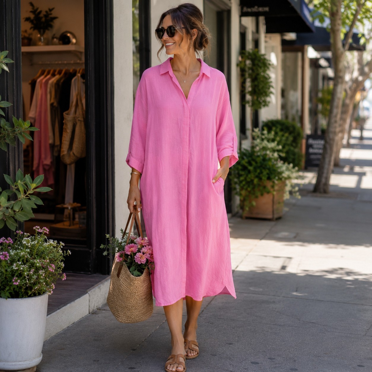 RW [Colombia] 100% Linen Midi Dress In Petal Pink Sz M EUC