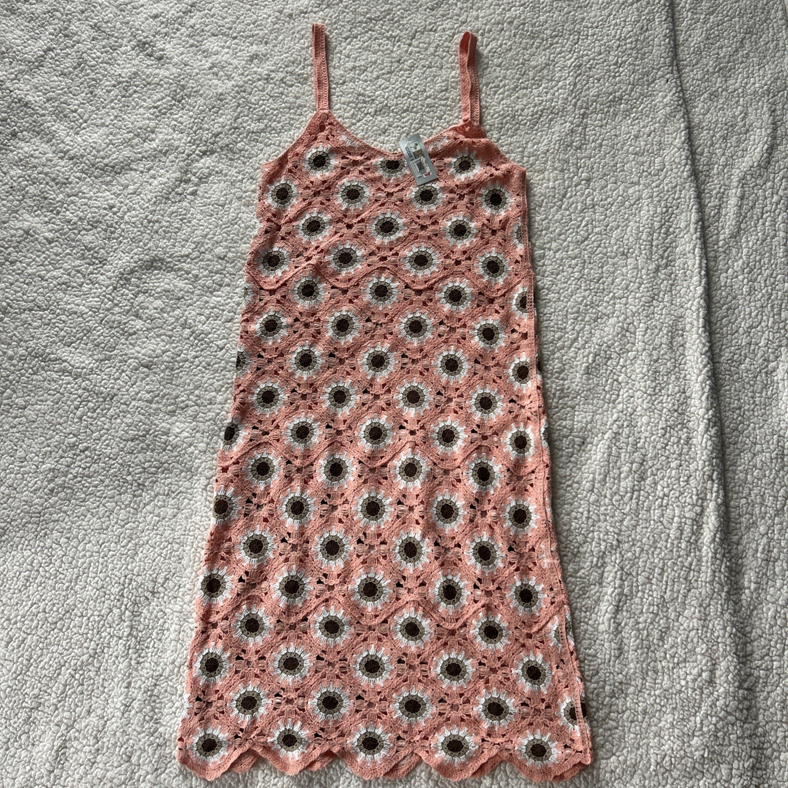 Woman India Boutique Pink Crochet Dress With Flower Design One Size Fits Most