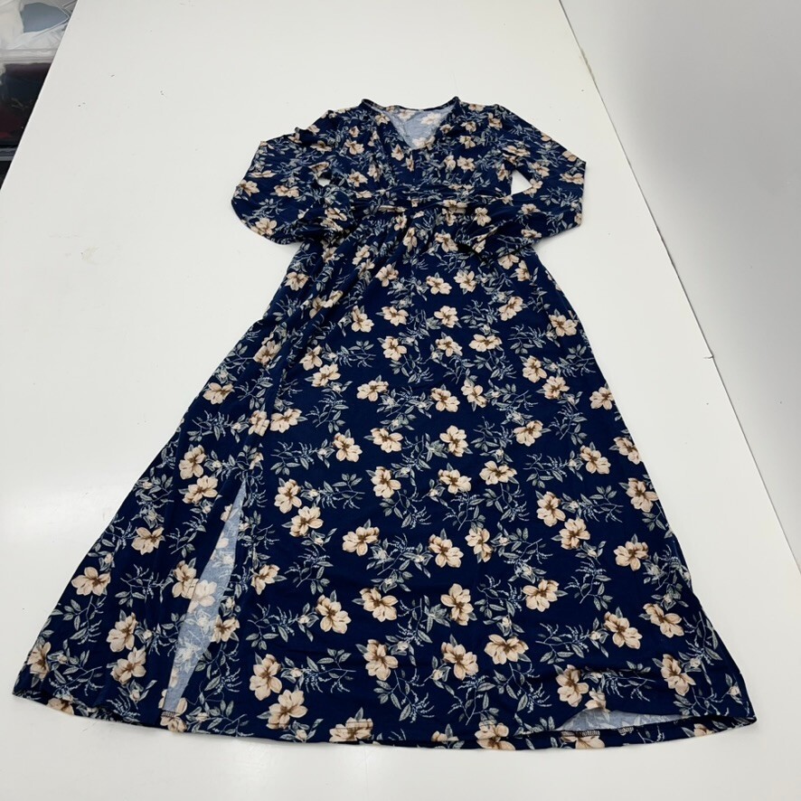 Blencot Blue Floral Print V-Neck Leg Slit Long Sleeve Maxi Dress Women’s Size M