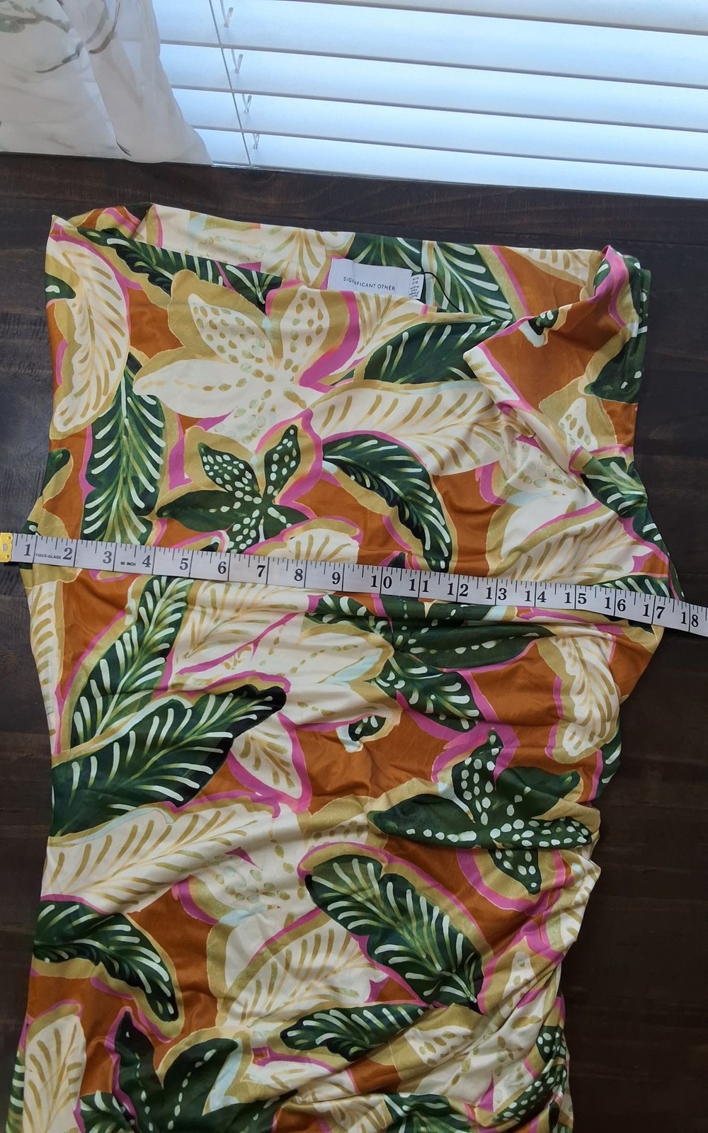 Significant Other Freda Palm Print Midi Dress Cowl Neck Ruched Bodice Sz 10