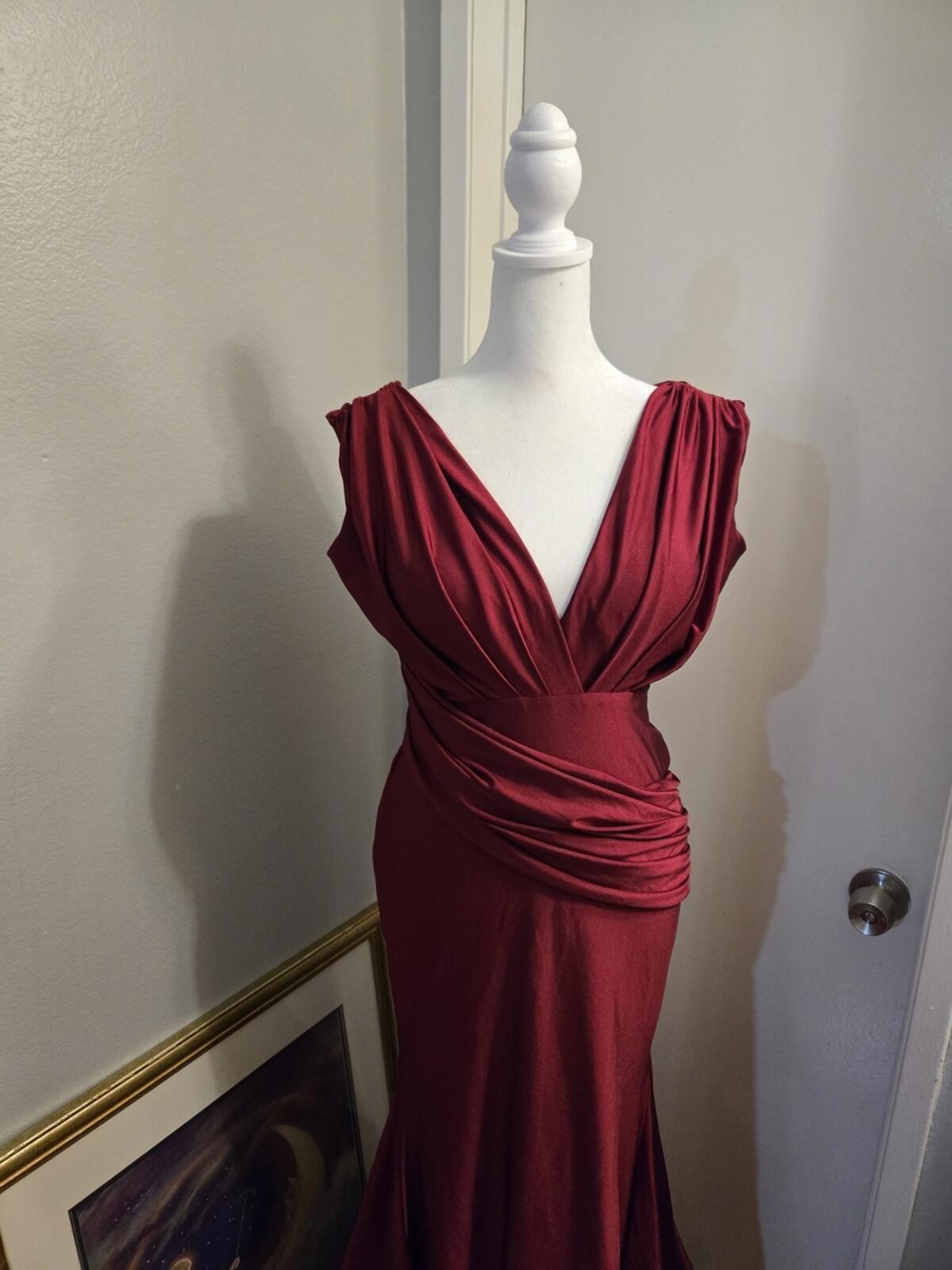 Amelia Couture Elegant Deep Red Mermaid Satin Prom Wedding Evening Gown Size 8
