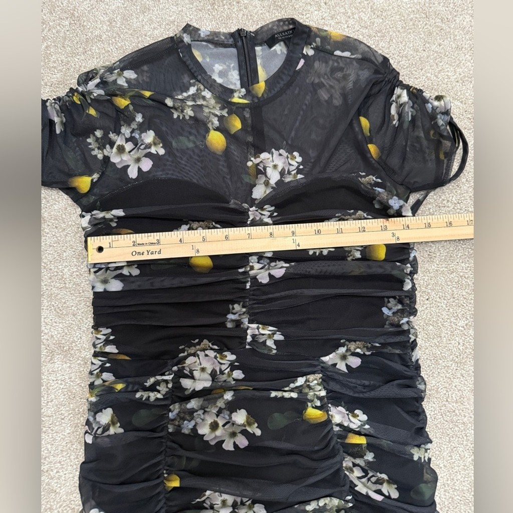 AllSaints – Giorgia Eugenia Floral Lemon Print Minidress w Ruching – size 6