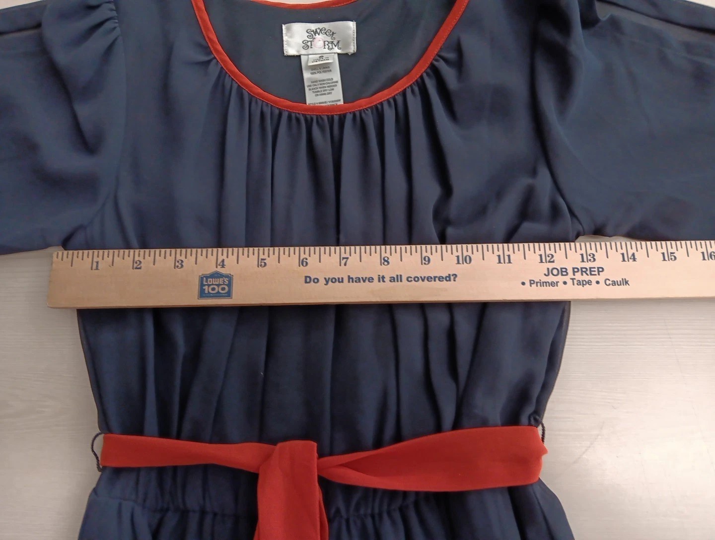 Sweet Storm Dress Small Navy Orange 3/4 Split Sleeves Elastic Waist Tie Belt EUC