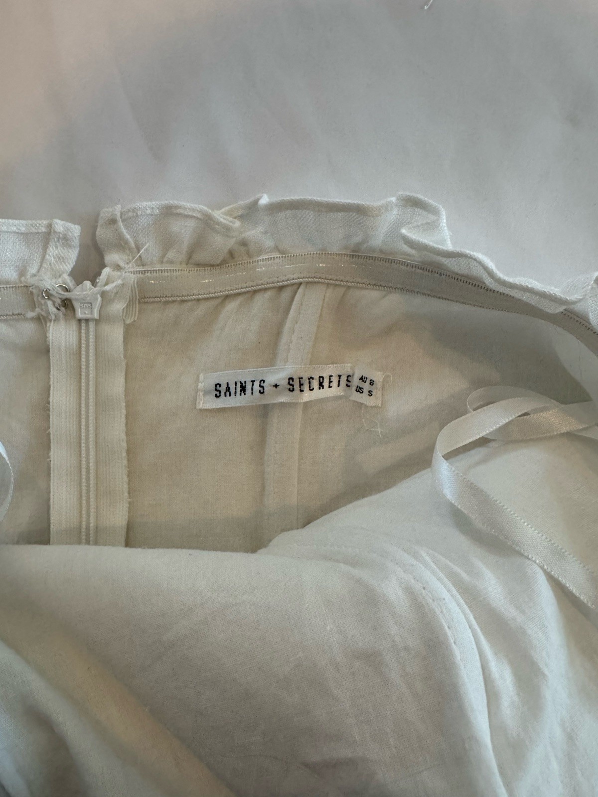 Saints + Secrets White Linen Strapless Ruffle Tie Dress Size S
