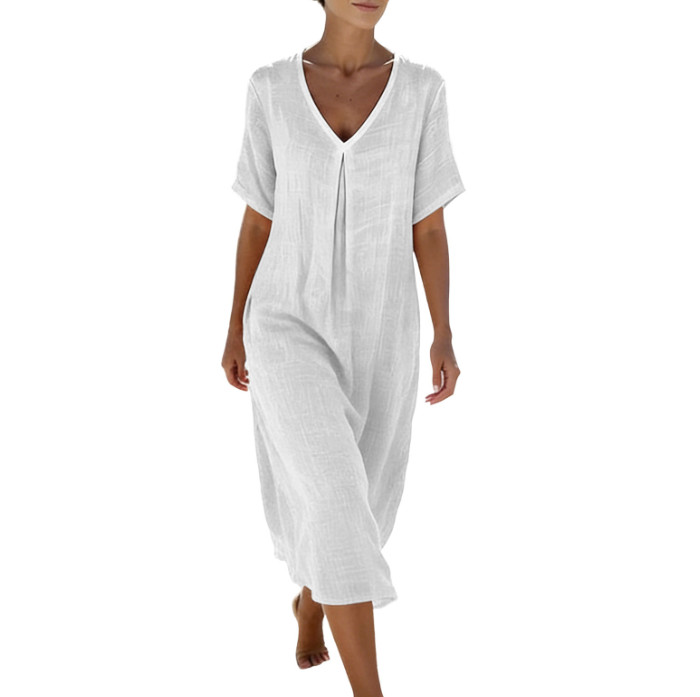 Ladies Solid V Neck Short Sleeve Cotton Linen Long Dress Loose Fit Casual Dress