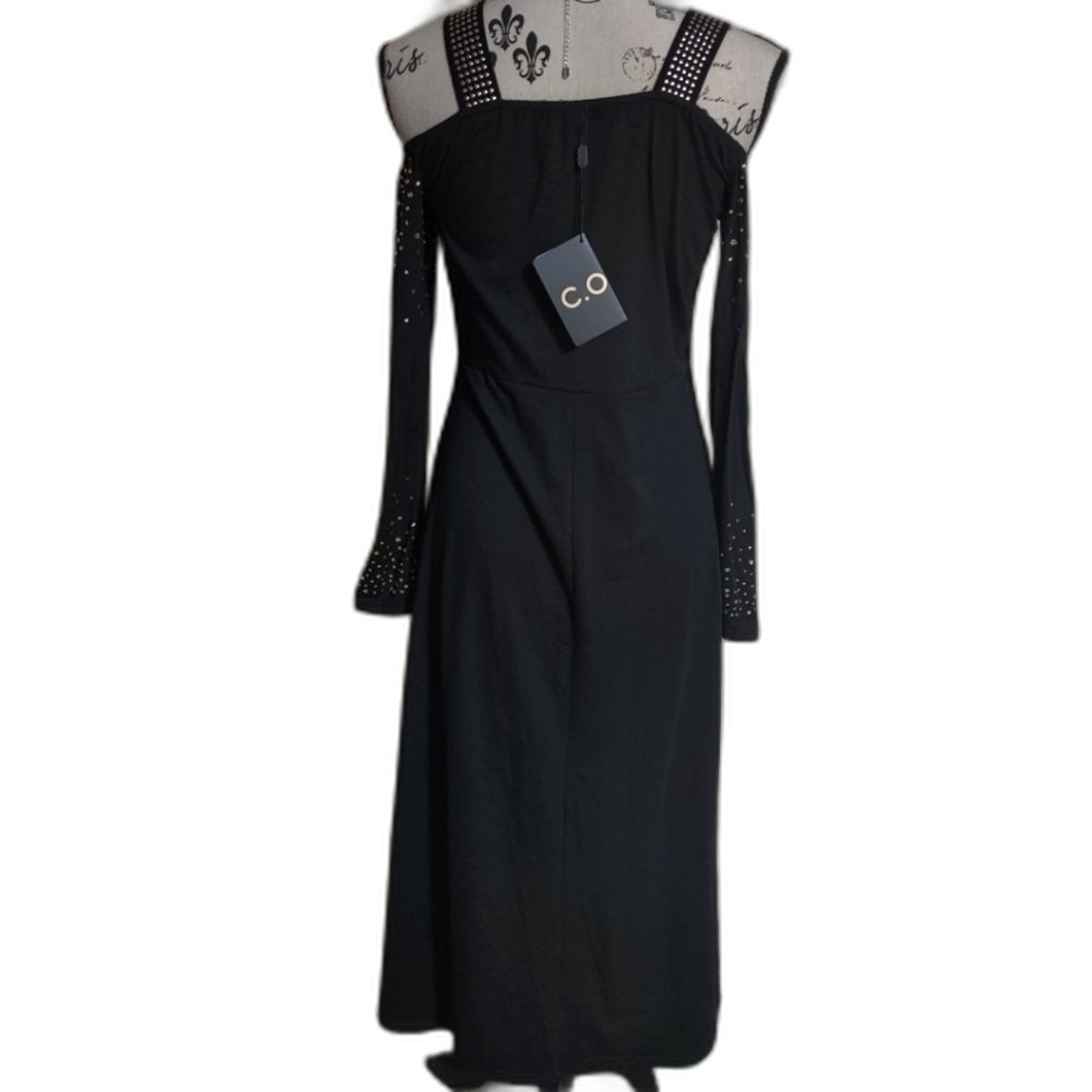NWT Cozy black cotton-blend cold shoulder bejeweled semi-formal maxi dress_4