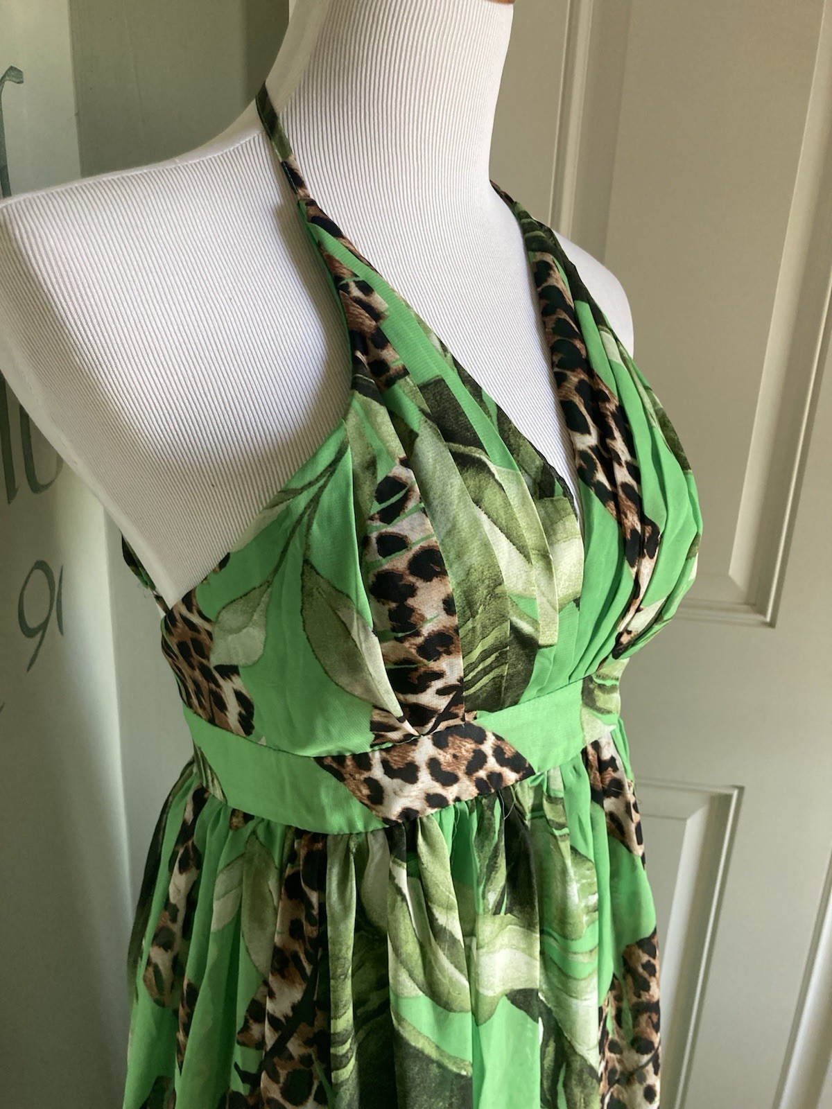 S Strappy Halter Green Leaf Long Maxi Sun Dress Knee-slit Versatile V-neck Lined
